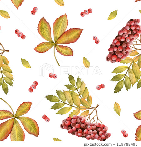 Rowan red berries branch with yellow green autumn leaves watercolor seamless pattern. Fall repeat background for forest and woodland designs in warm colors Rowan red berries branch with yellow green autumn leaves watercolor seamless pattern. Fall repeat background for forest and woodland designs in warm colors 119788493