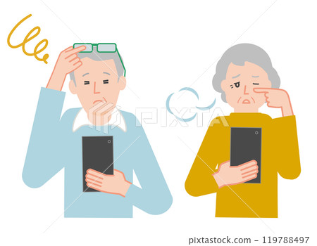 一對患有老花眼、視力模糊和視力困難的老年夫婦正在看智慧型手機的插圖 119788497