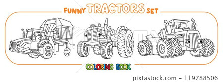 Funny vector tractors with eyes. Coloring book set 119788506