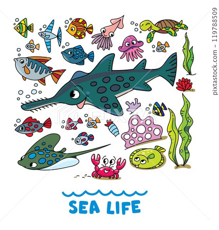 Sea theme. Sawfish kids vector illustration set Sea theme. Sawfish kids vector illustration set 119788509