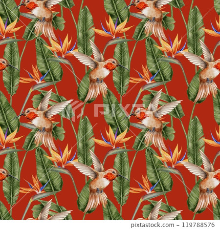 Hummingbird, strelitzia, and tropical leaves palm seamless pattern on red background. Watercolor illustration for textile, fabric, wallpaper, card, packaging, party. 119788576