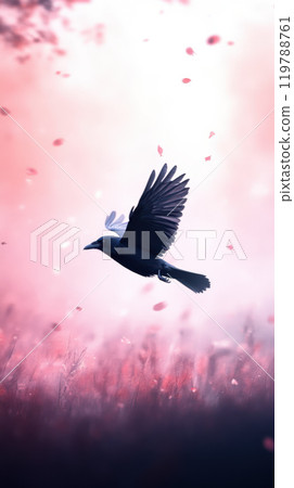 majestic black bird soars gracefully through dreamy landscape filled with soft pink petals, evoking sense of freedom and tranquility majestic black bird soars gracefully through dreamy landscape filled with soft pink petals, evoking sense of freedom and tranquility 119788761