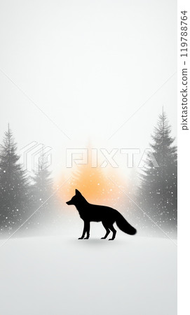 solitary fox silhouette stands against snowy backdrop, surrounded by tall evergreen trees. soft glow of orange light adds touch of warmth to serene winter scene solitary fox silhouette stands against snowy backdrop, surrounded by tall evergreen trees. soft glow of orange light adds touch of warmth to serene winter scene 119788764