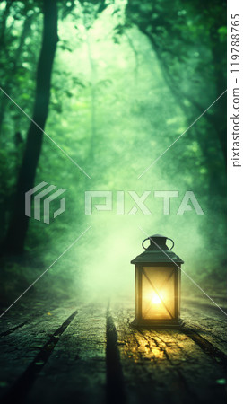 glowing lantern illuminates misty forest path, surrounded by lush greenery and soft light. serene atmosphere invites exploration and evokes sense of mystery glowing lantern illuminates misty forest path, surrounded by lush greenery and soft light. serene atmosphere invites exploration and evokes sense of mystery 119788765