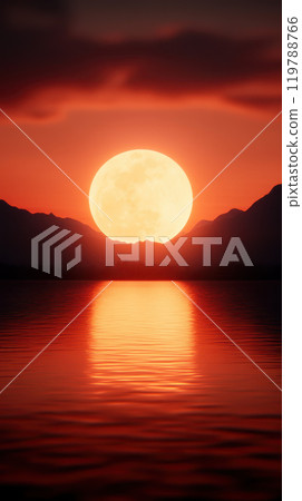 stunning sunset over tranquil lake, with large, glowing moon reflecting on waters surface. vibrant colors of sky create serene and peaceful atmosphere 119788766
