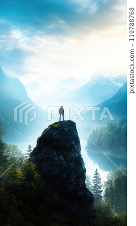 person stands triumphantly on rocky peak, overlooking breathtaking landscape of mountains and serene lake. misty atmosphere adds sense of adventure and tranquility 119788768