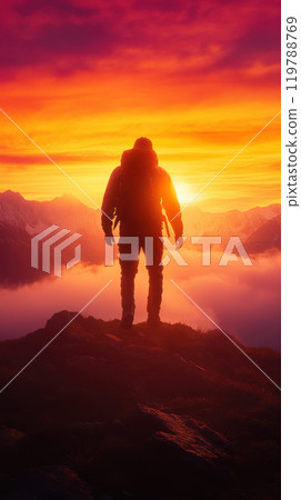 climber stands silhouetted against breathtaking sunset, surrounded by majestic mountains and clouds. vibrant colors evoke sense of adventure and tranquility climber stands silhouetted against breathtaking sunset, surrounded by majestic mountains and clouds. vibrant colors evoke sense of adventure and tranquility 119788769
