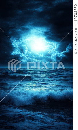serene ocean scene under dramatic night sky, illuminated by glowing moon. waves gently crash against each other, creating tranquil yet mysterious atmosphere serene ocean scene under dramatic night sky, illuminated by glowing moon. waves gently crash against each other, creating tranquil yet mysterious atmosphere 119788770