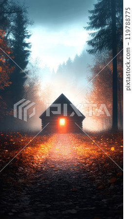 serene cabin stands amidst misty forest, illuminated by warm glow from its door. autumn leaves create magical pathway, inviting exploration and wonder 119788775