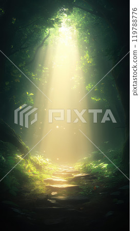 serene forest scene illuminated by soft sunlight filtering through trees, creating magical atmosphere. path is lined with lush greenery and gentle light, inviting exploration 119788776