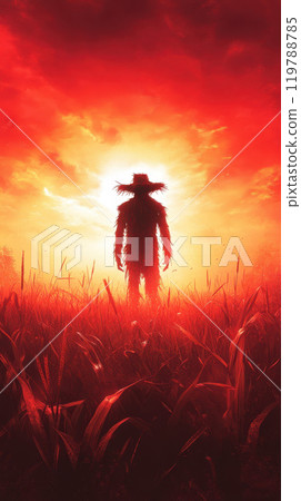mysterious figure stands in field against dramatic red sunset, evoking sense of intrigue and eeriness. silhouette of scarecrow contrasts sharply with vibrant sky, creating haunting atmosphere mysterious figure stands in field against dramatic red sunset, evoking sense of intrigue and eeriness. silhouette of scarecrow contrasts sharply with vibrant sky, creating haunting atmosphere 119788785