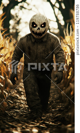 mysterious figure with haunting mask walks through cornfield, surrounded by tall stalks. eerie atmosphere evokes sense of suspense and fear mysterious figure with haunting mask walks through cornfield, surrounded by tall stalks. eerie atmosphere evokes sense of suspense and fear 119788786