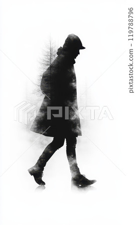 silhouette of person walking through misty landscape, evoking sense of mystery and solitude. figure is surrounded by trees, enhancing atmospheric feel silhouette of person walking through misty landscape, evoking sense of mystery and solitude. figure is surrounded by trees, enhancing atmospheric feel 119788796