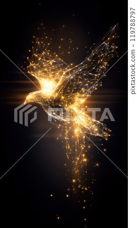 stunning digital representation of bird in flight, composed of glowing lines and particles, creating mesmerizing effect. golden hues and intricate details evoke sense of freedom and beauty stunning digital representation of bird in flight, composed of glowing lines and particles, creating mesmerizing effect. golden hues and intricate details evoke sense of freedom and beauty 119788797