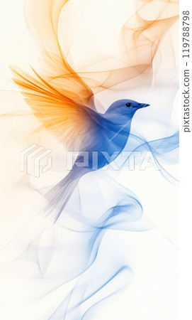 vibrant bird in shades of blue and orange gracefully soars through swirl of colorful smoke, creating captivating and ethereal atmosphere vibrant bird in shades of blue and orange gracefully soars through swirl of colorful smoke, creating captivating and ethereal atmosphere 119788798