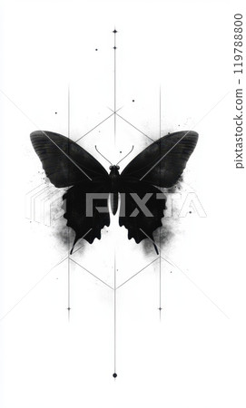 striking black butterfly silhouette is centered against minimalist white background, surrounded by geometric patterns that enhance its elegance and mystique 119788800