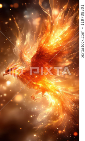 majestic phoenix rises with fiery wings, radiating warmth and light in dazzling display of orange and gold. Its vibrant feathers shimmer against backdrop of sparkling lights, evoking sense of wonder majestic phoenix rises with fiery wings, radiating warmth and light in dazzling display of orange and gold. Its vibrant feathers shimmer against backdrop of sparkling lights, evoking sense of wonder 119788801