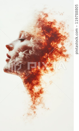 This artistic image features profile of woman with surreal blend of smoke and fiery colors, creating captivating and emotional visual effect This artistic image features profile of woman with surreal blend of smoke and fiery colors, creating captivating and emotional visual effect 119788805