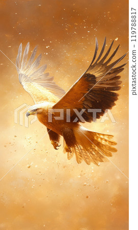 Majestic eagle soaring through golden sky, wings spread wide, capturing essence of freedom and strength. vibrant colors and dynamic movement evoke sense of awe and wonder Majestic eagle soaring through golden sky, wings spread wide, capturing essence of freedom and strength. vibrant colors and dynamic movement evoke sense of awe and wonder 119788817