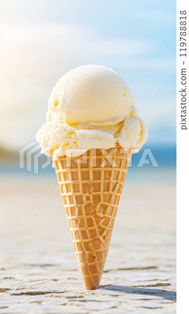 Creamy vanilla ice cream in waffle cone, set against beautiful beach backdrop. sunlit scene evokes sense of summer joy and indulgence Creamy vanilla ice cream in waffle cone, set against beautiful beach backdrop. sunlit scene evokes sense of summer joy and indulgence 119788818