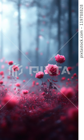 serene landscape featuring vibrant pink roses amidst misty forest, creating dreamy and enchanting atmosphere. soft focus enhances beauty of nature 119788828