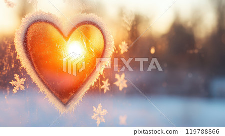 Heart shape on frosted window with sunset glow, winter scene, snowflakes, warm feelings, romantic atmosphere 119788866