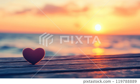 heart shaped object on wooden surface at sunset by sea, evoking love and tranquility 119788889