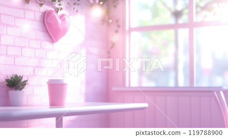 cozy pink cafe scene featuring heart decoration, small plant, and pink coffee cup on table, creating warm and inviting atmosphere 119788900
