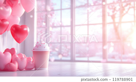 Colorful balloons and heart shaped decorations create romantic atmosphere, complemented by delicious dessert. Perfect for celebrations and special occasions 119788901