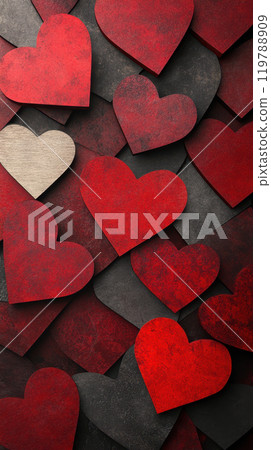 vibrant arrangement of red and black hearts, creating romantic and festive atmosphere. Perfect for Valentine Day or love themed designs 119788909