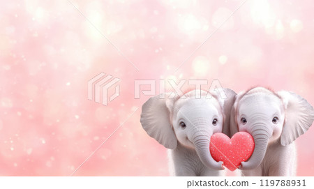 Two adorable baby elephants holding heart, symbolizing love and friendship against soft pink background Two adorable baby elephants holding heart, symbolizing love and friendship against soft pink background 119788931