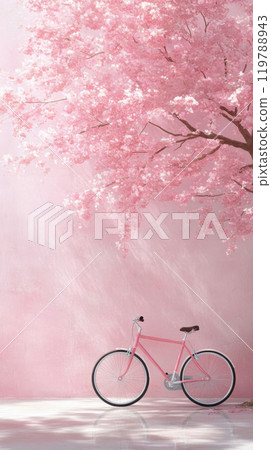 pink bicycle stands elegantly beneath blooming cherry blossom tree, creating serene and picturesque scene. soft pink hues evoke sense of tranquility and beauty 119788943