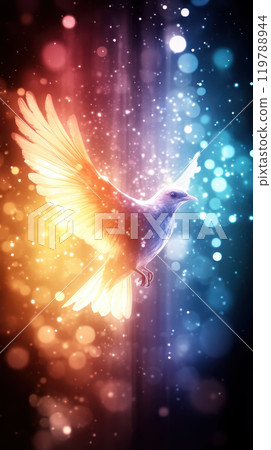vibrant bird soars through magical background filled with colorful bokeh lights, creating sense of wonder and freedom. interplay of colors adds to enchanting atmosphere vibrant bird soars through magical background filled with colorful bokeh lights, creating sense of wonder and freedom. interplay of colors adds to enchanting atmosphere 119788944