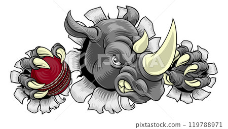 Rhino Rhinoceros Cricket Cartoon Sports Mascot 119788971