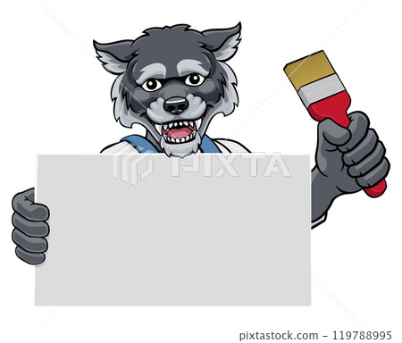 Wolf Painter Decorator Paint Brush Mascot Man Wolf Painter Decorator Paint Brush Mascot Man 119788995