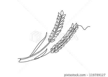 Continuous one line drawing whole healthy organic wheat grain for farm or groceries logo identity. Fresh staple food concept for breakfast cereal icon. Single line design vector graphic illustration 119789127
