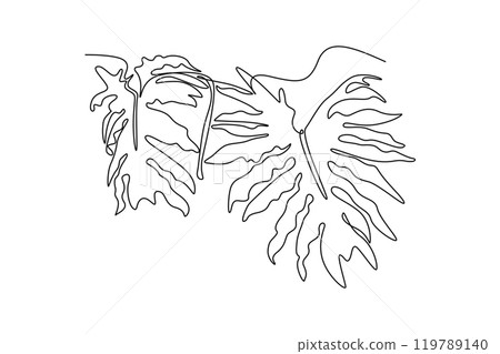 Single one line drawing beautiful tropical leaf plant. Printable decorative philodendron selloum houseplant concept for home wall decor. Modern continuous line draw design graphic vector illustration 119789140