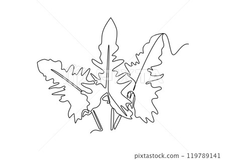 Single one line drawing tropical leaf plant. Printable decorative philodendron selloum houseplant concept for home wall decor ornament. Modern continuous line draw design graphic vector illustration Single one line drawing tropical leaf plant. Printable decorative philodendron selloum houseplant concept for home wall decor ornament. Modern continuous line draw design graphic vector illustration 119789141