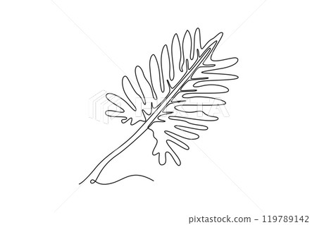 Single one line drawing tropical leaf plant. Printable decorative philodendron selloum houseplant concept for home wall decor ornament. Modern continuous line draw design graphic vector illustration 119789142