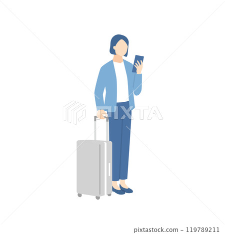 A business person holding a suitcase and looking at a smartphone 119789211