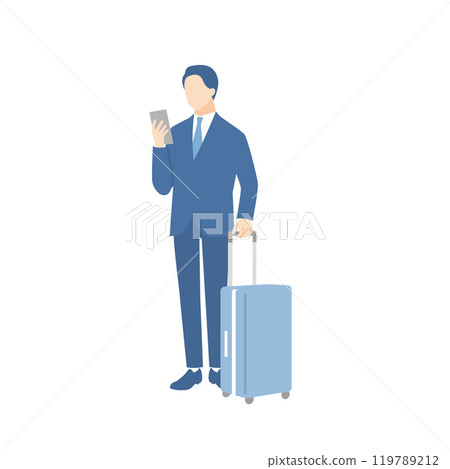 A businessman holding a suitcase and looking at a smartphone A businessman holding a suitcase and looking at a smartphone 119789212