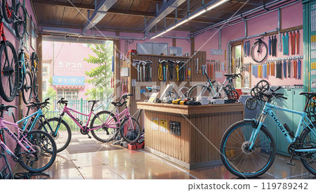 Under the blue sky, the sky bicycle shop is illuminated by a pale light. 119789242