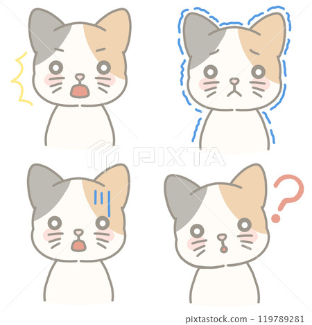 各種表情的印花貓插圖：驚訝、顫抖、震驚、哈特納標記 119789281