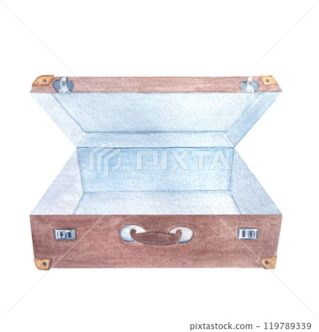 An open vintage brown with blue suitcase illustration isolated on white. Hand drawn for stickers, stationary, traveling, souvenir decor and design, cards. Vintage clip art. Grandma's. Old-fashioned 119789339