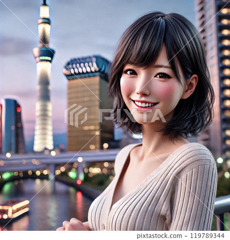Young woman looking at camera with Skytree in the background Young woman looking at camera with Skytree in the background 119789344