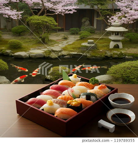 Japanese scenery and sushi assortment Japanese scenery and sushi assortment 119789355