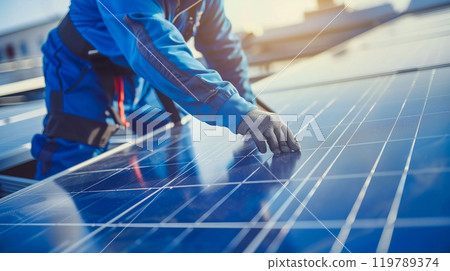 Engineer or worker work installing solar cells on solar roof panel. 119789374