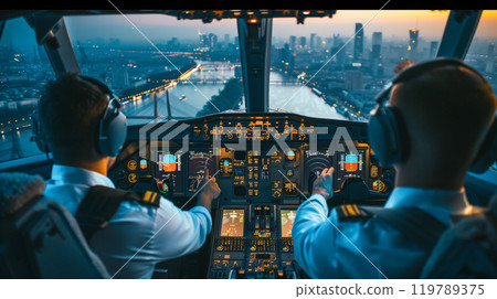 Aircraft flies working in cockpit of modern jet airplane above the city landscape and river. 119789375