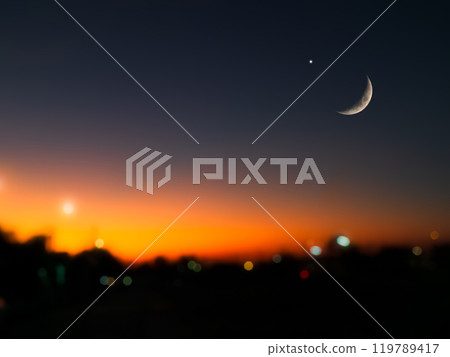 Sky Moon Islam Sunset Background Mubaruk Greeting Ramadan Element Masjid Aqsa Hajj Kaaba Umrah Eid Arabian Religion Islamic Muhammad Arab Muslim Greeting Isra Miraj Hajj Holy Kaaba Quran Ramazan. 119789417