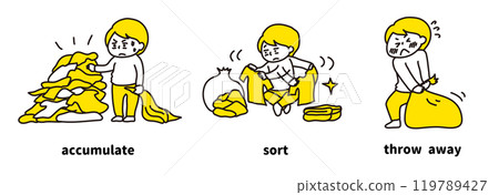 Illustration (2 colors) of clothes piling up and becoming disorganized, sorting out what you need and throwing away what you don't need Illustration (2 colors) of clothes piling up and becoming disorganized, sorting out what you need and throwing away what you don't need 119789427